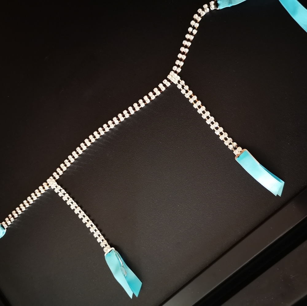 La SENZA Rhinestone Tie Waist Garter Belt Baby Blue Satin